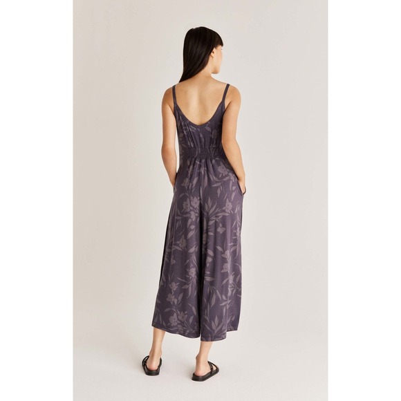 Z SUPPLY Purple Floral Wide Leg Jumpsuit Small Cropped Smocked‎ Back Pockets - Picture 2 of 7
